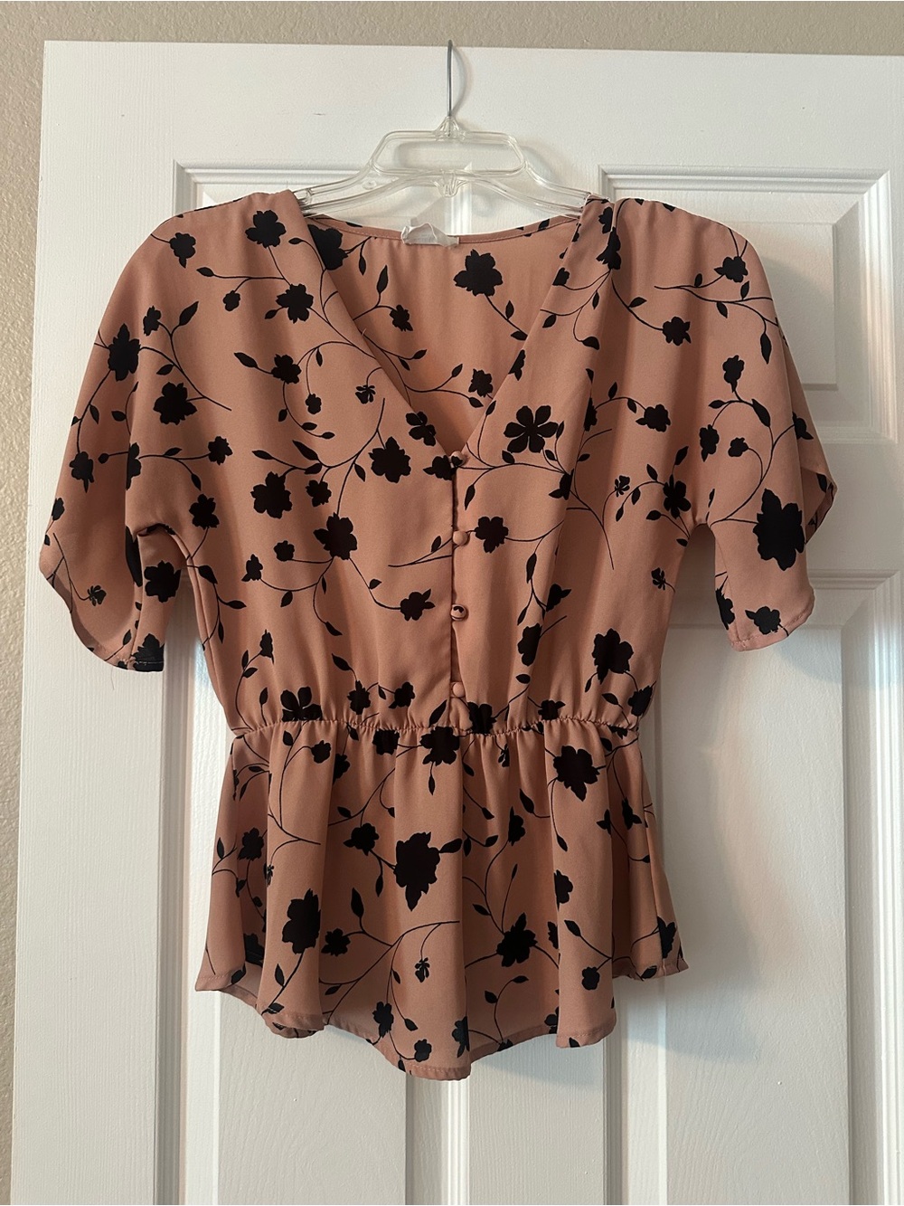 Sienna Sky Floral V-Neck Peplum Blouse - Blush with Black Print
